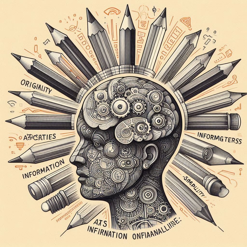 A pencil sketch inspired by the themes of originality, information access, AI capabilities, and simplicity